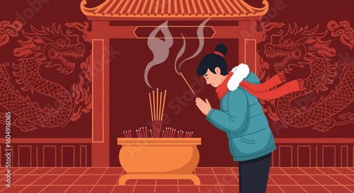 A Young Person Praying With Incense Sticks At The Chinese Temple