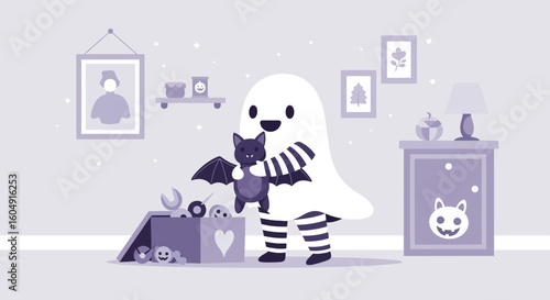 Adorable Ghost Playing With Bat Toy In Spooky Kids Room Decorations