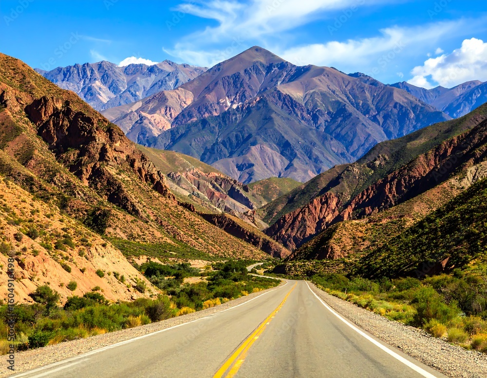 Naklejka premium Scenic mountain road winding through colorful peaks