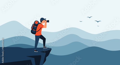 Adventurer Taking Pictures Of The Mountain Range On A Solo Journey