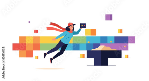 Adventurous Girl Exploring Pixelated World With Scarf And Cap On The Colorful Background