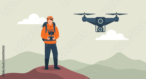 Adventurous Hiker Controlling a Drone Capturing Stunning Landscape Footage