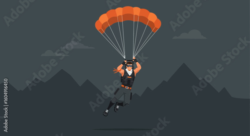 Adventurous Parachutist Descent Over Rugged Mountains Vector Illustration