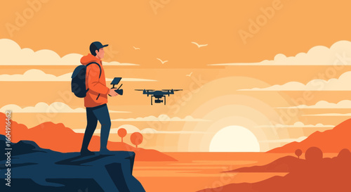 Adventurous Man Flying Drone On Cliffside During Stunning Golden Sunset