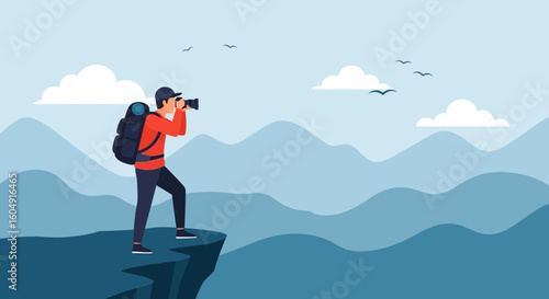 Adventurous Photographer Capturing Breathtaking Mountain Scenery With His Camera