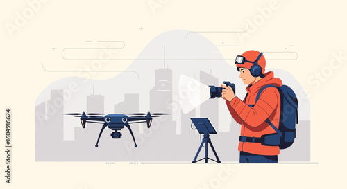 Aerial Videography Man Capturing Drone Shots Against a Cityscape Skyline