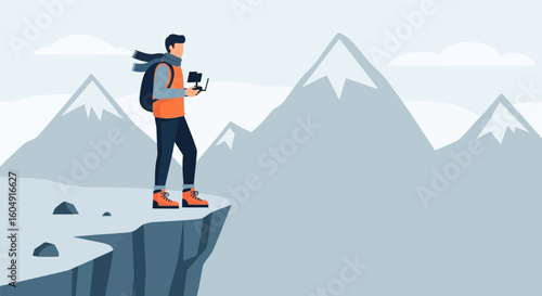 Adventurous Traveler On Mountain Peak Controlling Drone In Mountainous Landscape