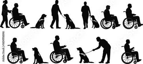 Silhouettes of people with disabilities, service dogs, wheelchair users, mobility assistance, caregiving support, accessible society, inclusion, therapy animal partnership