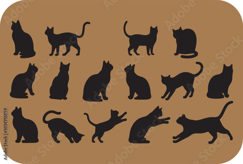 A collection of silhouetted black cats in various poses against a warm brown background with rounded corners