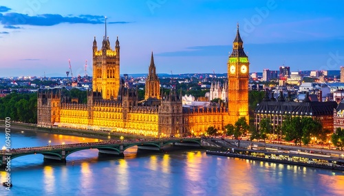 Panoramic view of the Houses of Parliament at twilight
