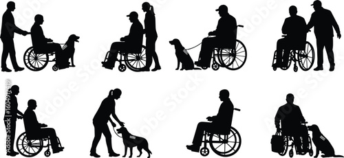 Silhouettes of wheelchair users, service dogs, caregivers, disability support, rehabilitation therapy, healthcare assistance, independence aid, inclusive mobility solutions, disabled care