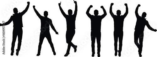 Silhouettes of six joyful people jumping, celebrating success, arms raised in excitement, dynamic poses, white background, energetic happiness, togetherness