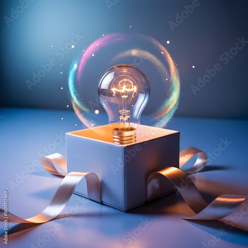 Lightbulb in a box with magical colorful ring around it