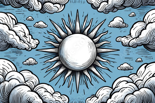 Mystical celestial astrology banner with sun with face, vector esoteric poster of zodiac, horoscope, tarot. Creation of the Universe with clouds, stars, moon and sun.