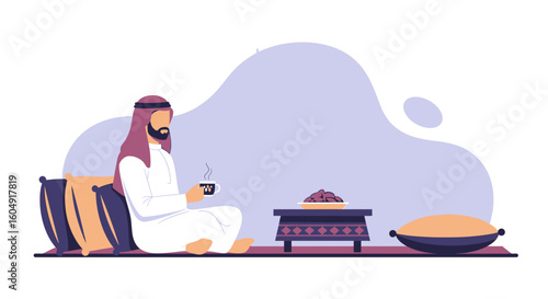 Arabian Man Relaxing Enjoying Tea and Dates On Traditional Arabian Setting