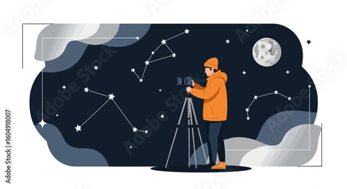 Astronomer Capturing The Night Sky With Moon And Constellations Artwork