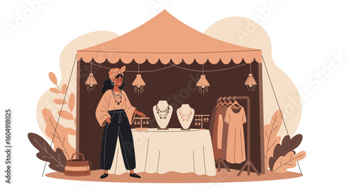 Attractive Woman Selling Handmade Jewerly and Clothing in a Trendy Boho Outdoor Fair
