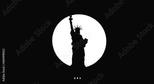 Statue of Liberty under moonlight, iconic American landmark, nighttime silhouette, freedom symbol, New York scene, black illustration, patriotic, USA architecture