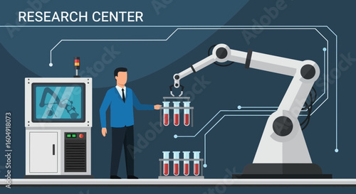 Automated Scientific Research Lab With Robotic Arm And Scientist Illustration