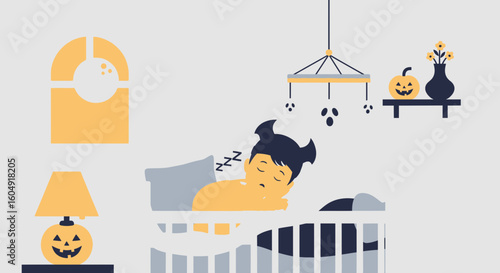 Baby Dreamland In Halloween With Pumpkins And Ghosts Night Flat Design