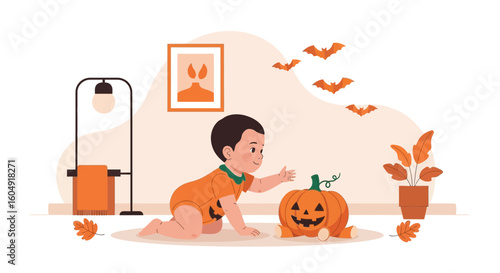 Baby's First Halloween Crawl With Pumpkin And Bats Illustration