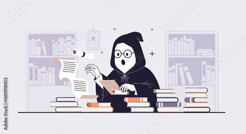 Bewildered Scholar Confronting Overflowing Paperwork In Library Illustration