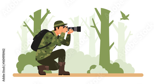 Birdwatcher Photographer Capturing Wildlife Moments in Forest Setting Flat Design