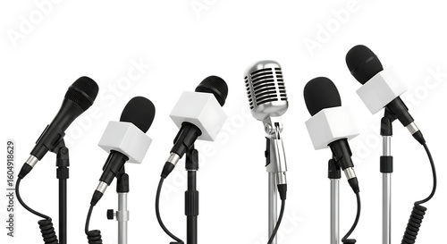 A row of microphones are set up for a media press conference ready to capture news and interviews isolated on transparent background