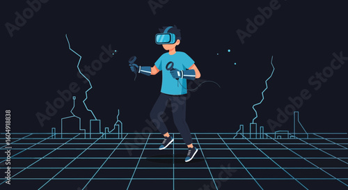 Boy Experiencing Immersive Virtual Reality Adventure With Vr Glasses And Controllers