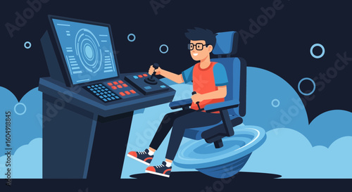 Boy In Control Room Navigating Through Virtual World With Joystick Vector Illustration