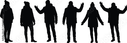 Winter clothing silhouette group, diverse people poses, cold weather attire sketch, black and white vector design, casual outfit collection illustration