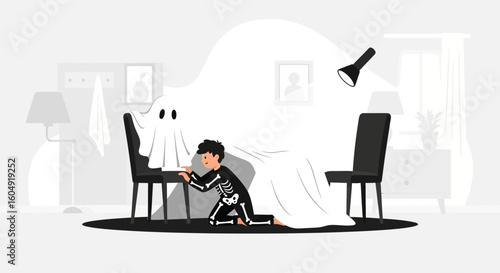 Boy In Skeleton Costume Playing A Ghost Game On Halloween Season