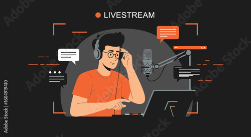 Boy Live Streaming With Headset And Microphone For Entertainment Podcast