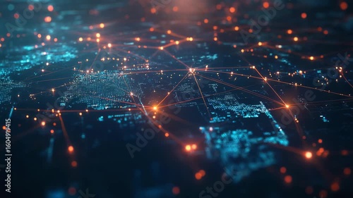 Abstract network connections with blue and orange lights over dark background  
