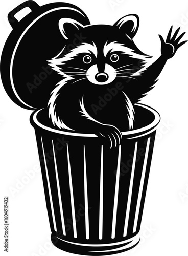 Cartoon Raccoon Waving in Trash Can Silhouette Vector Design, Transparent Background.