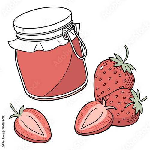 A glass jar filled with delicious strawberry jam and fresh strawberries beside it.