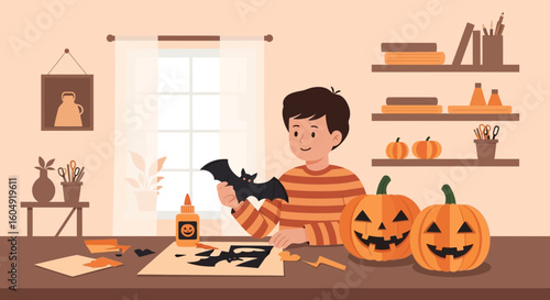 Boy Preparing Halloween Decoration With Pumpkins and Paper Bats at Home