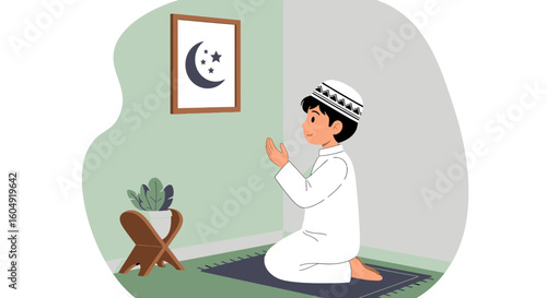 Boy Reciting Islamic Prayers With Traditional Dress In Peaceful Interior