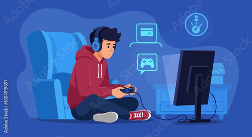 Boy Relaxing At Home And Playing Video Game, Wearing Headphones And Holding Controller