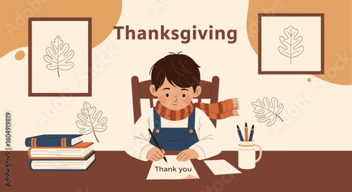 Boy Writes Thank You Notes During The Thanksgiving Holiday Season