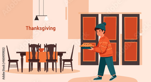 Bringing Pie For Thanksgiving Celebration Dinner with Family Members