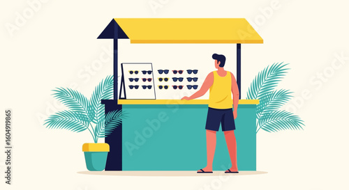 Browsing Sunglasses At a Summer Kiosk With Tropical Plant Decorations