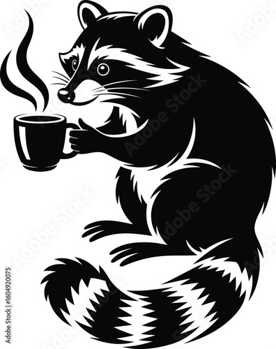 Cartoon Raccoon Drinking Coffee Silhouette Vector, Transparent Background.