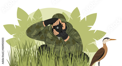 Camouflage Photographer Capturing Avian Life In Natural Habitat Illustration