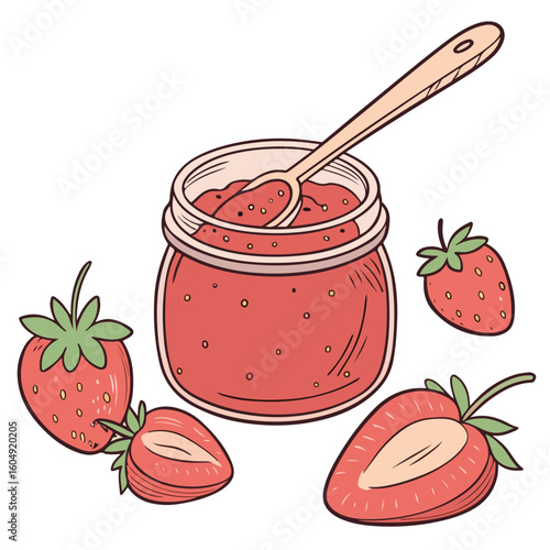 Glass jar with strawberry jam and spoon showing a homemade, delicious, sweet spread