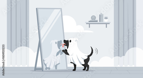 Canine Reflections Humorous Dog In A Ghost Costume Staring At Mirror