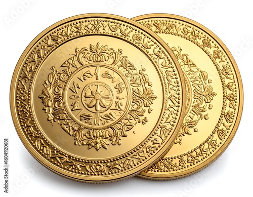 Two gold coins with intricate designs