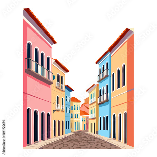 Colorful European Street with Old Buildings and Cobblestone Road