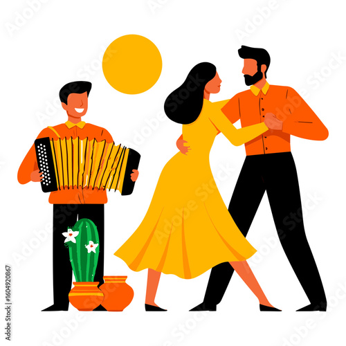 Couple dancing to accordion music with cactus decoration