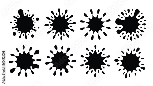 Ink Splatter Collection: Eight Unique Black Ink Blot Designs for Artistic Projects